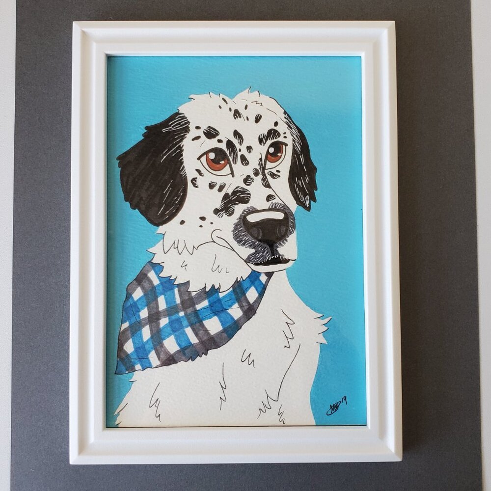 Original Dalmatian Mutt Dog Pet Portrait Framed 5×7 Mixed Media Illustration